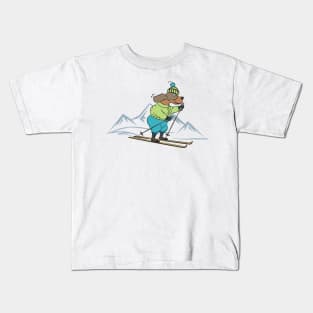 Cute Dog Skiing in the Winter Mountains Kids T-Shirt